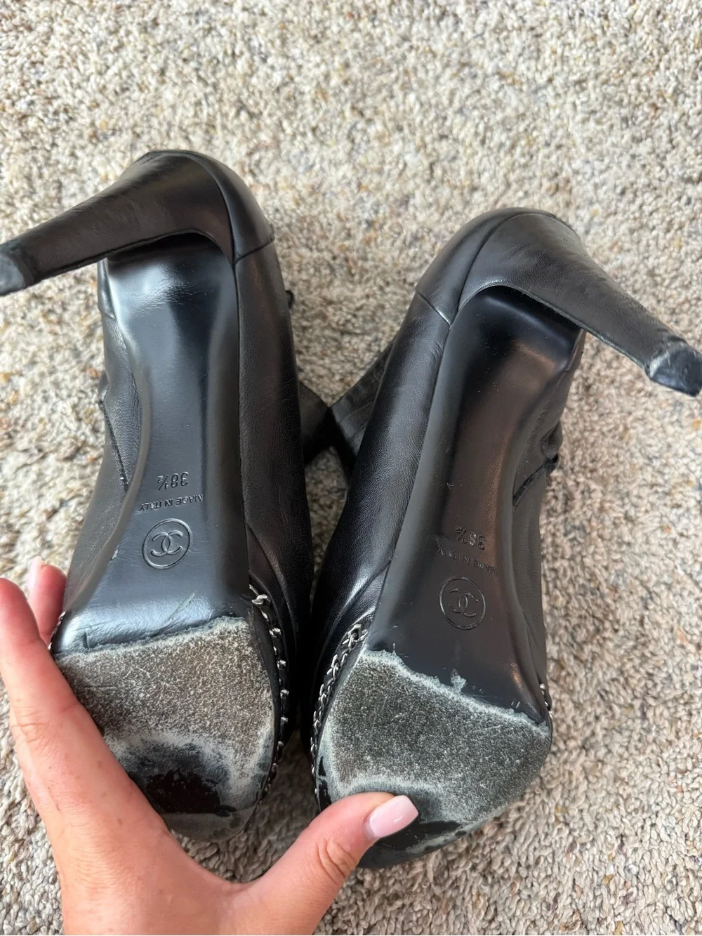 CHANEL Black Leather Chain-Trim Ankle Booties